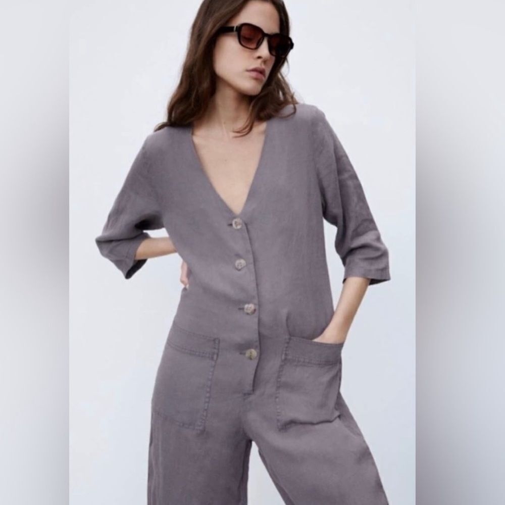 Zara Gray Lillian Linen Jumpsuit | Size Small - Picture 1 of 8